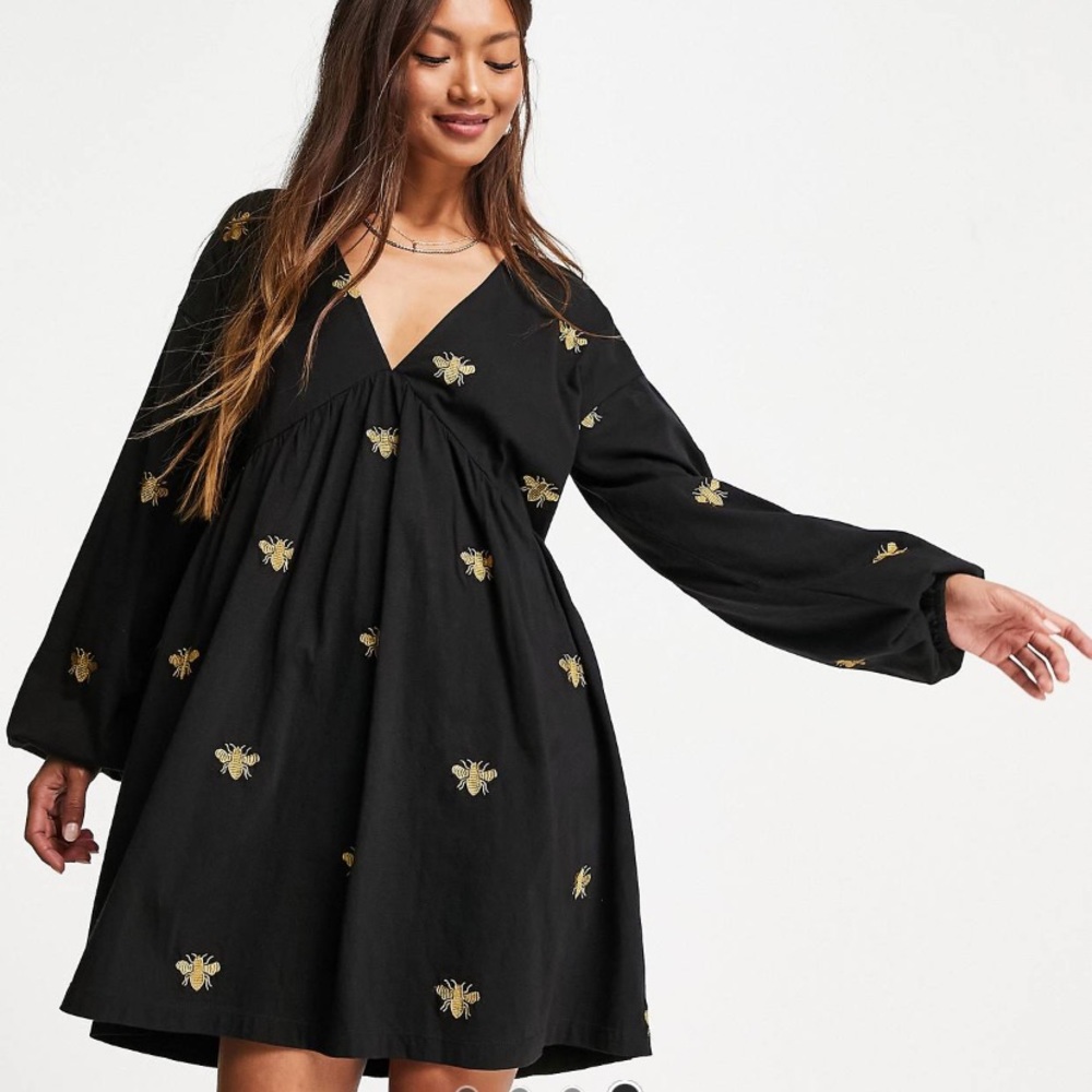 ASOS mini smock dress with golden bee embroidery